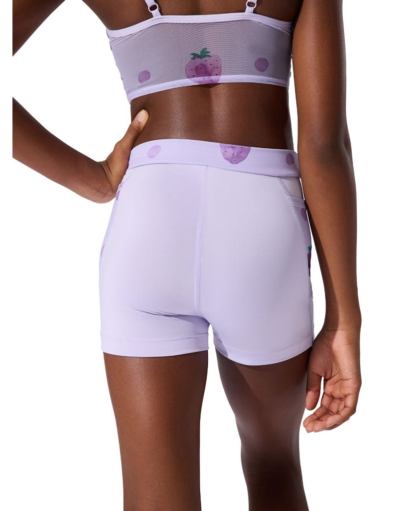 Capezio Berry Mindful Criss-Cross Strawberry Print Mesh High Waisted Shorts - F12638C Girls