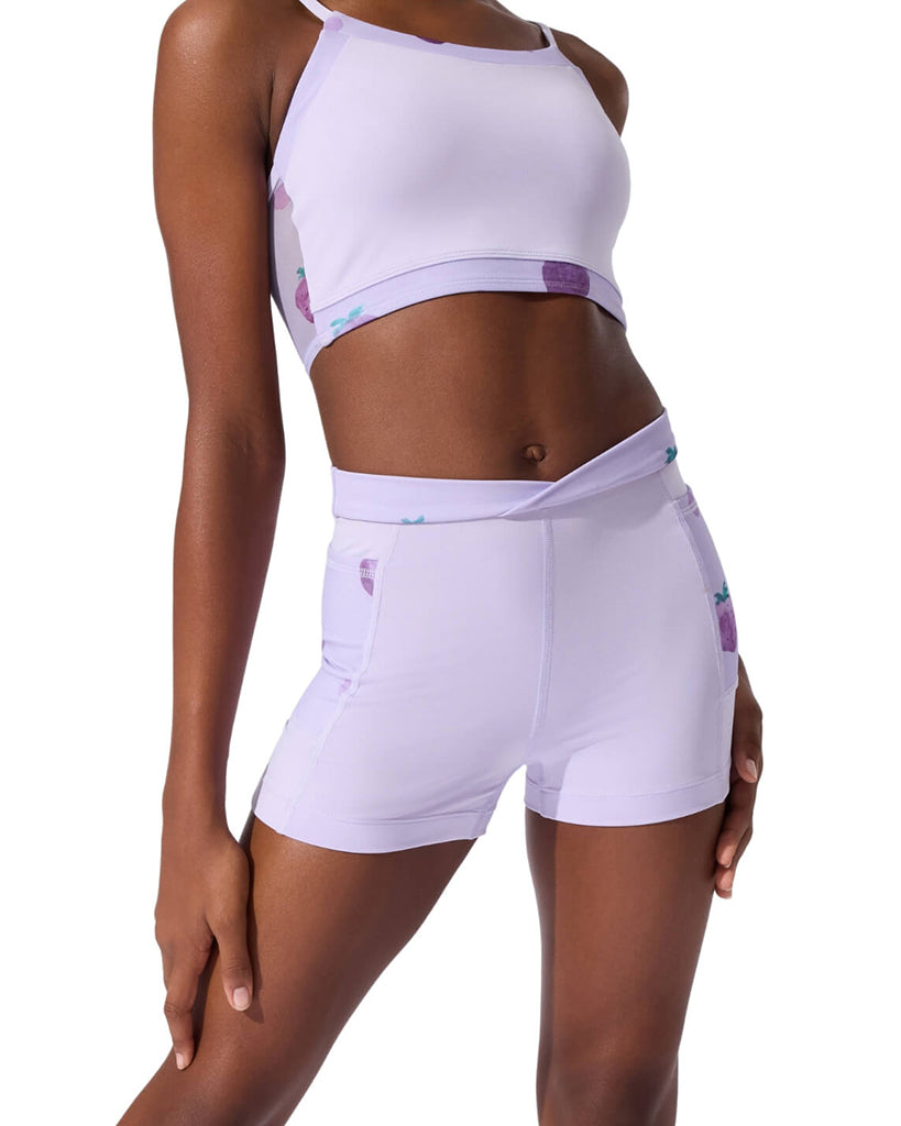 Capezio Berry Mindful Criss-Cross Strawberry Print Mesh High Waisted Shorts - F12638C Girls