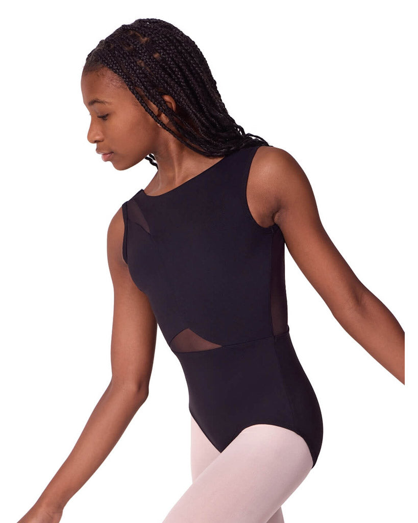 Capezio Soft Elegance Boat Neck Asymmetrical Mesh Cutouts Low V Back Tank Leotard - EL106T Girls