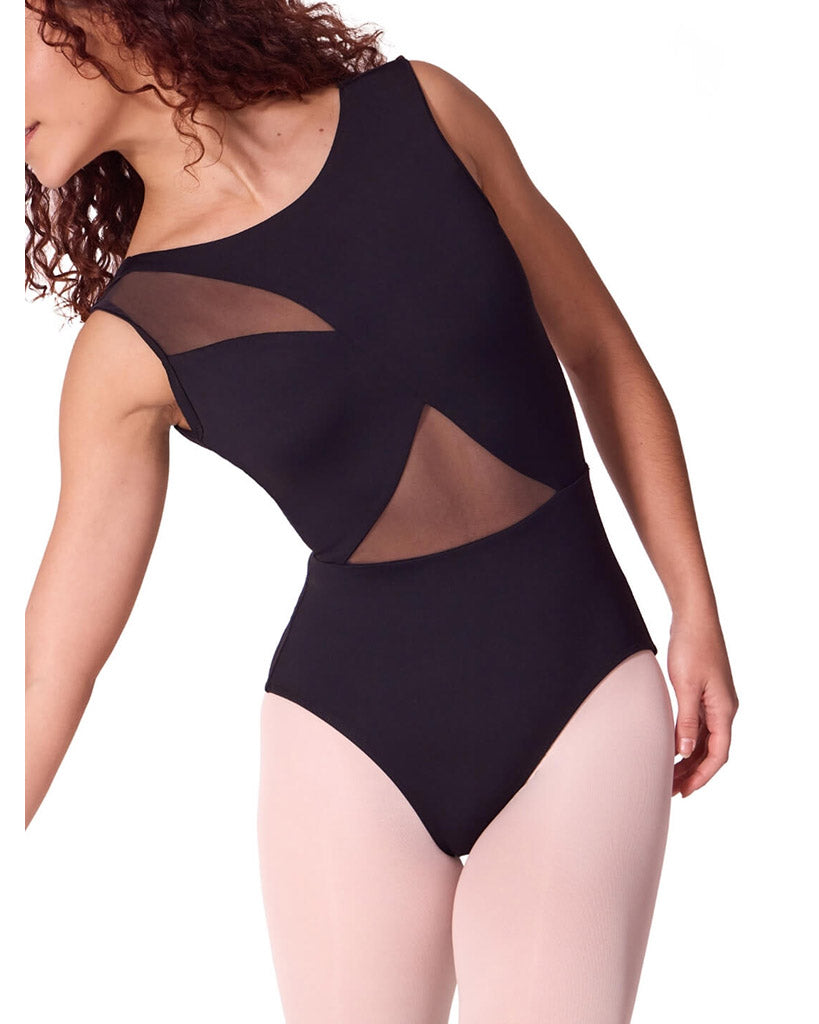 Capezio Soft Elegance Boat Neck Asymmetrical Mesh Cutouts Low V Back Tank Leotard - EL106W Womens