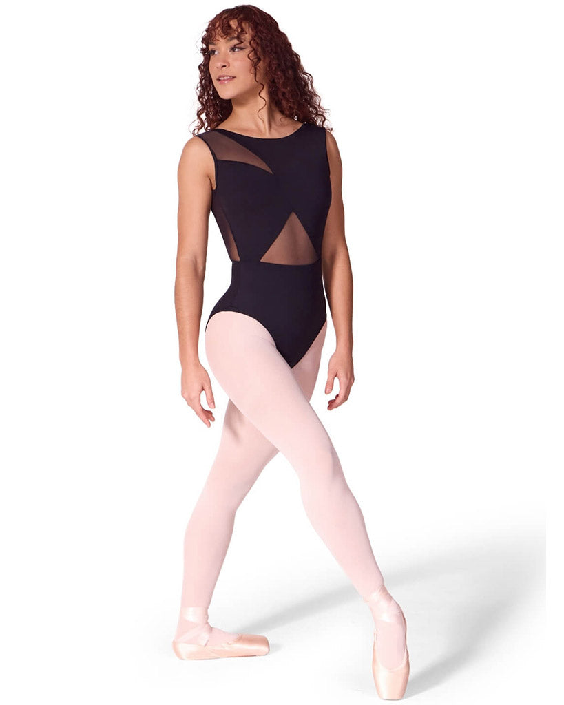 Capezio Soft Elegance Boat Neck Asymmetrical Mesh Cutouts Low V Back Tank Leotard - EL106W Womens