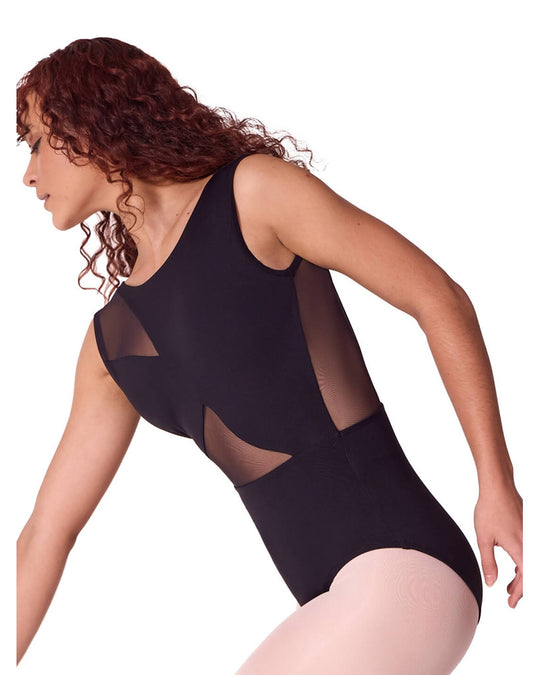 Capezio Soft Elegance Boat Neck Asymmetrical Mesh Cutouts Low V Back Tank Leotard - EL106W Womens