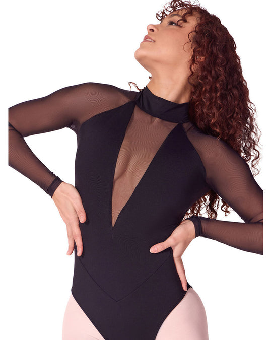 Capezio Soft Elegance Mock Neck Mesh Deep V Keyhole Back Long Sleeve Leotard - EL109W Womens