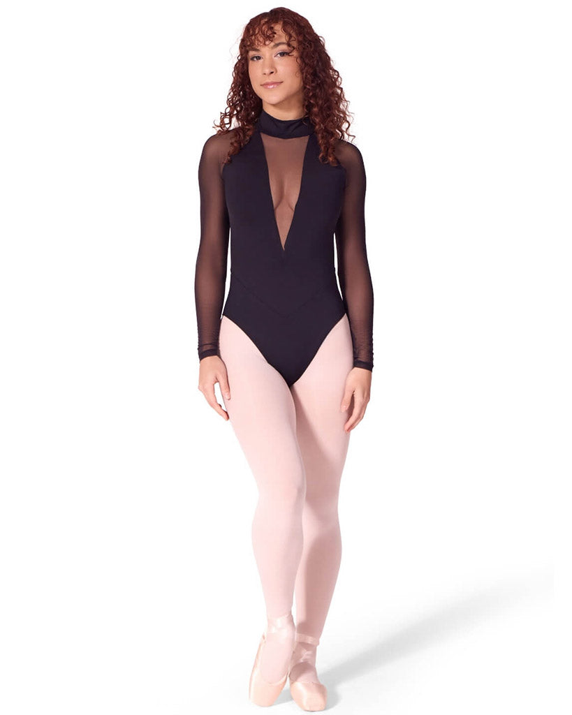Capezio Soft Elegance Mock Neck Mesh Deep V Keyhole Back Long Sleeve Leotard - EL109W Womens