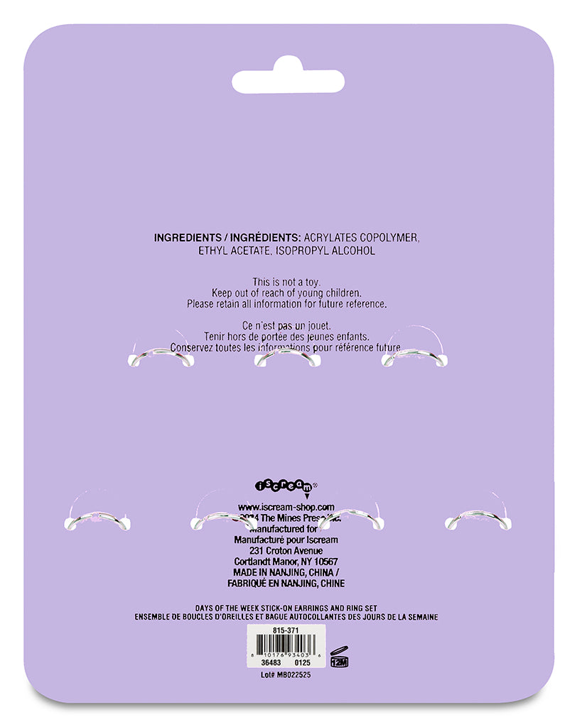 Days of the Week Stick-On Earrings & Ring Set