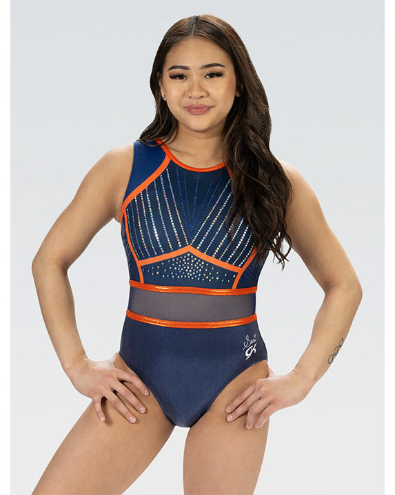 GK Elite Suni Lee Jewelled Gymnastic Tank Leotard - E4855 Womens - Navy and Sunshine Print