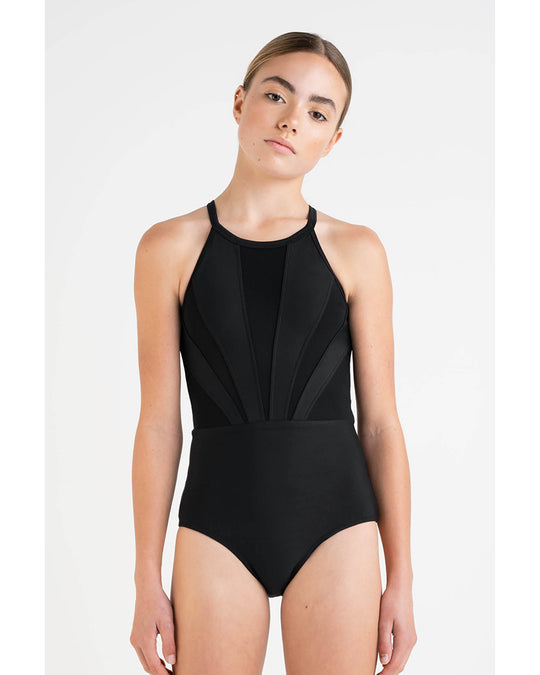 Every Turn Free Spirit Halter-Shaped Neckline Mesh Panel Leotard - Girls - Black