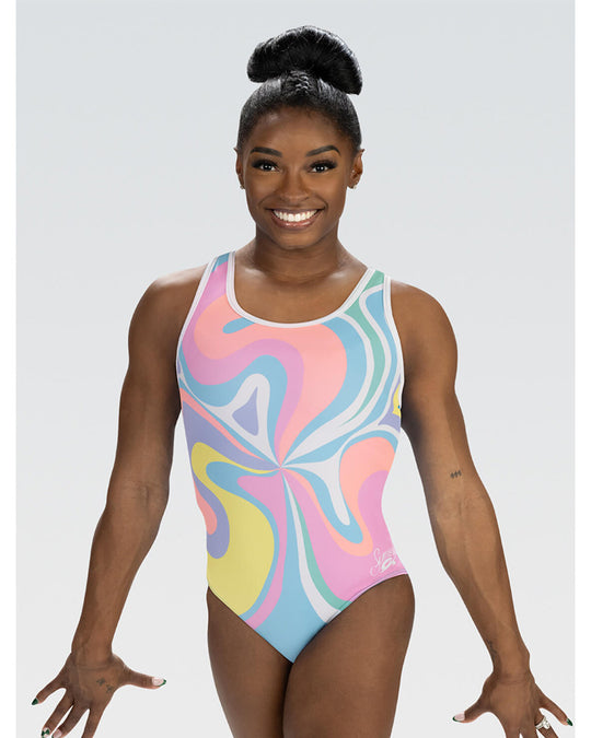 GK Elite Simone Biles Pastel Power Gymnastic Tank Leotard - E4956 Girls - Multicoloured Swirl Print