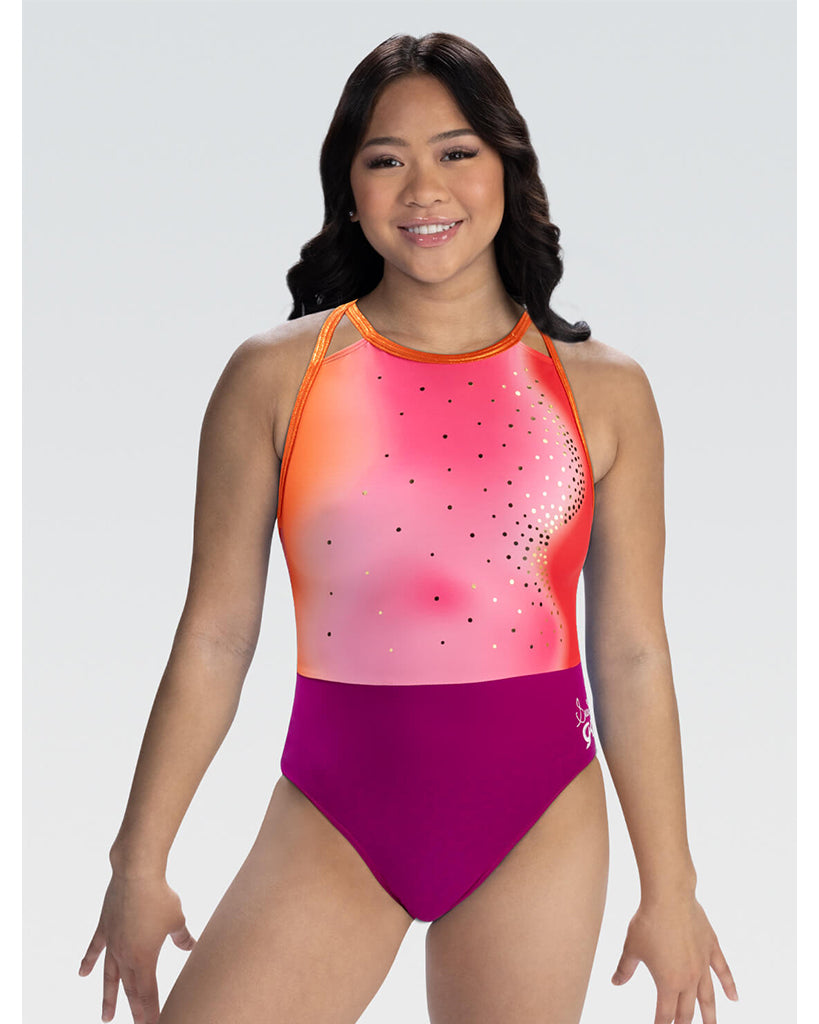 GK Elite Suni Lee Golden Shining Star Printed Gymnastic Tank Leotard - E5124 Womens - Orange/Pink Gradient Print