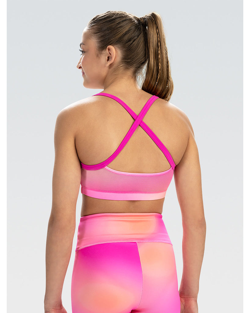 GK Elite Sunrise Glow Gymnastics Bra Top - E5317C Girls - Berry/Peach Hazy Print