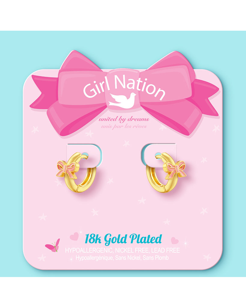 Girl Nation Pink Bow Earlets 18K Gold Plated Girl Huggie Earrings