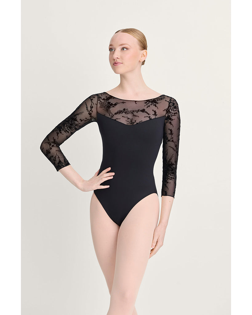 Intermezzo Gina Boat Neck Floral Velvet Flocked Mesh 3/4 Sleeve Leotard - 31718 Womens