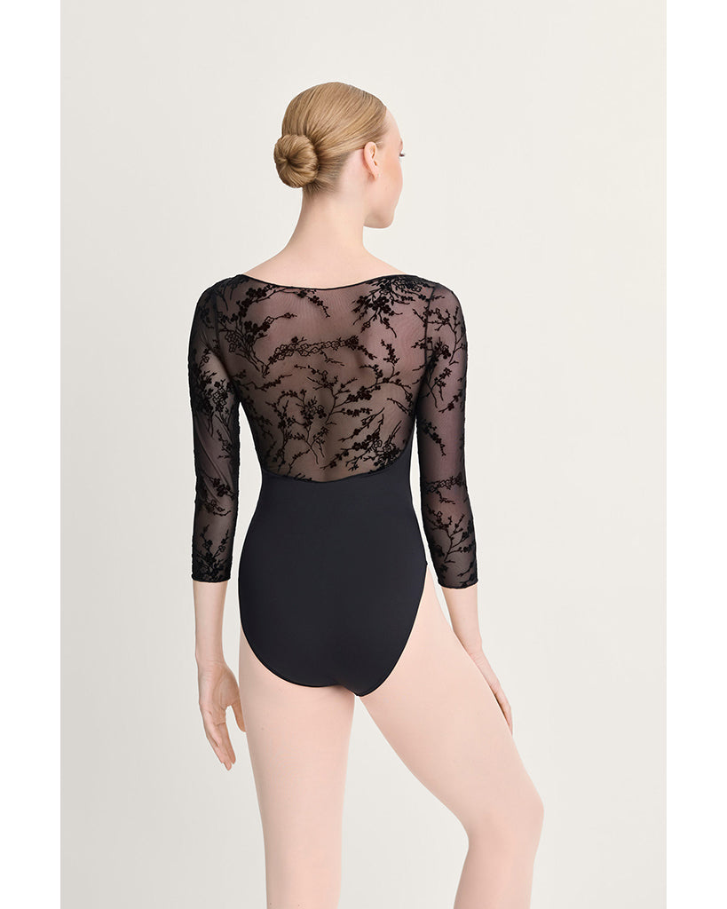 Intermezzo Gina Boat Neck Floral Velvet Flocked Mesh 3/4 Sleeve Leotard - 31718 Womens