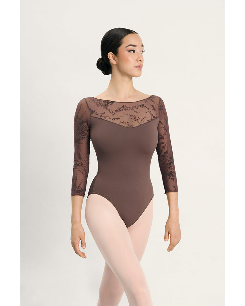 Intermezzo Gina Boat Neck Floral Velvet Flocked Mesh 3/4 Sleeve Leotard - 31718 Womens