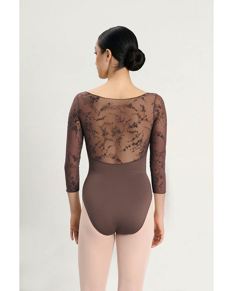 Intermezzo Gina Boat Neck Floral Velvet Flocked Mesh 3/4 Sleeve Leotard - 31718 Womens