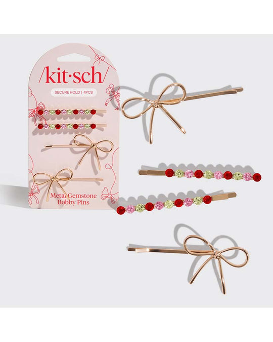 Kitsch Holiday Gemstone and Bow Bobby Pins 4pc Set