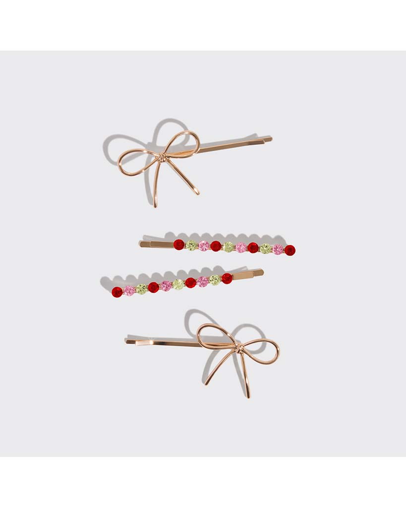 Kitsch Holiday Gemstone and Bow Bobby Pins 4pc Set