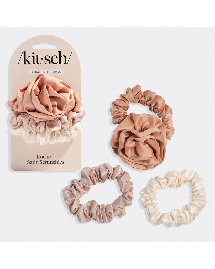 Kitsch Rosette Ruched Satin Scrunchies 3 pc Set - Terracotta