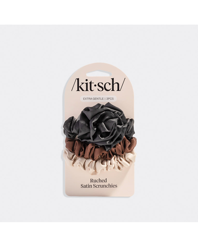 Kitsch Rosette Ruched Satin Scrunchies 3 pc Set - Black