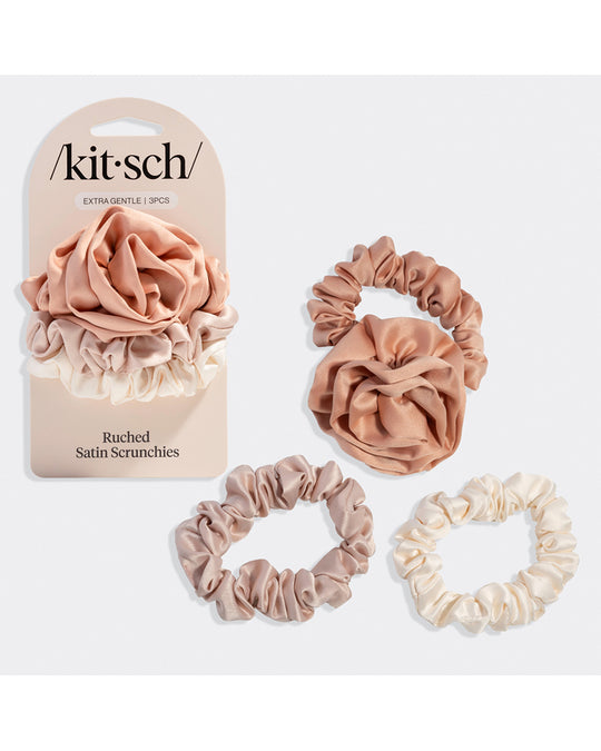 Kitsch Rosette Ruched Satin Scrunchies 3 pc Set - Terracotta