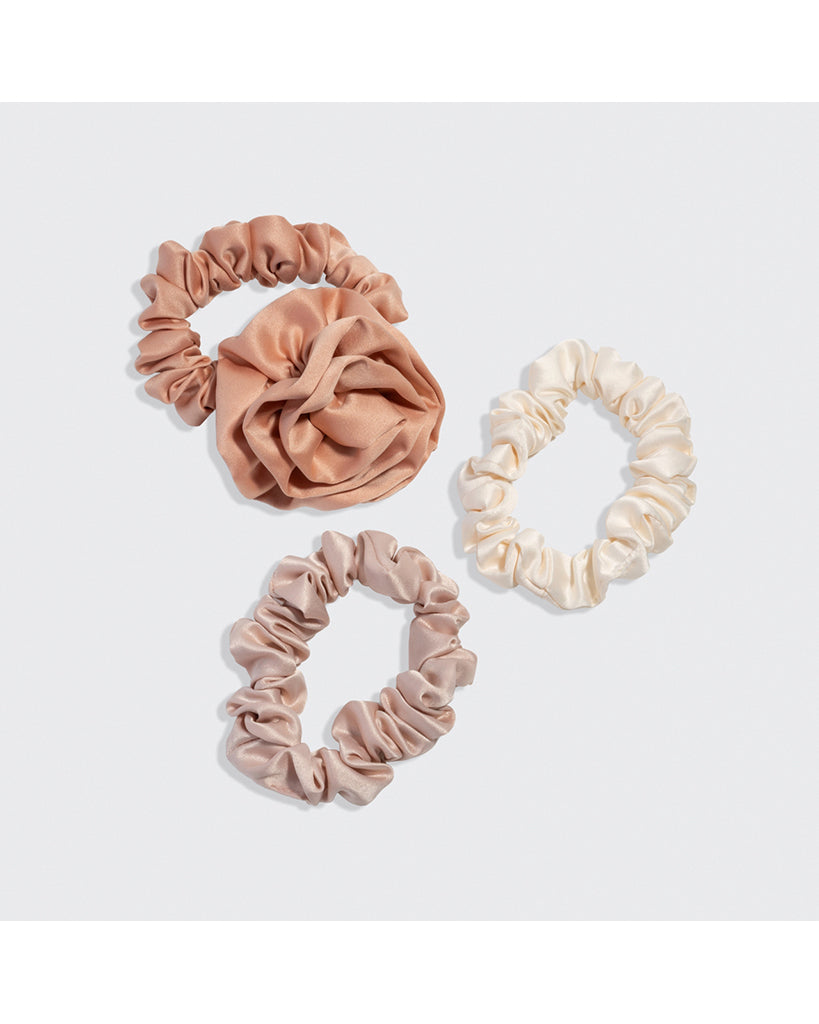 Kitsch Rosette Ruched Satin Scrunchies 3 pc Set - Terracotta