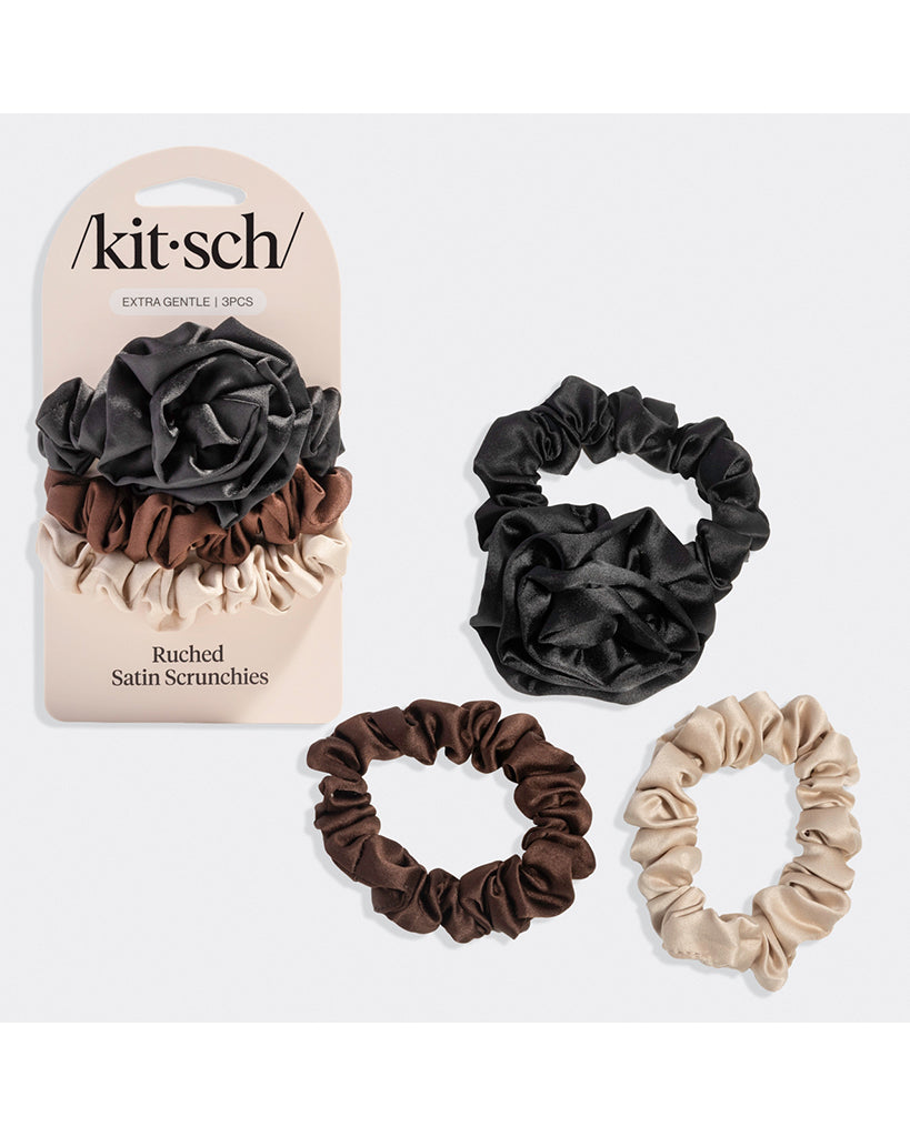 Kitsch Rosette Ruched Satin Scrunchies 3 pc Set - Black