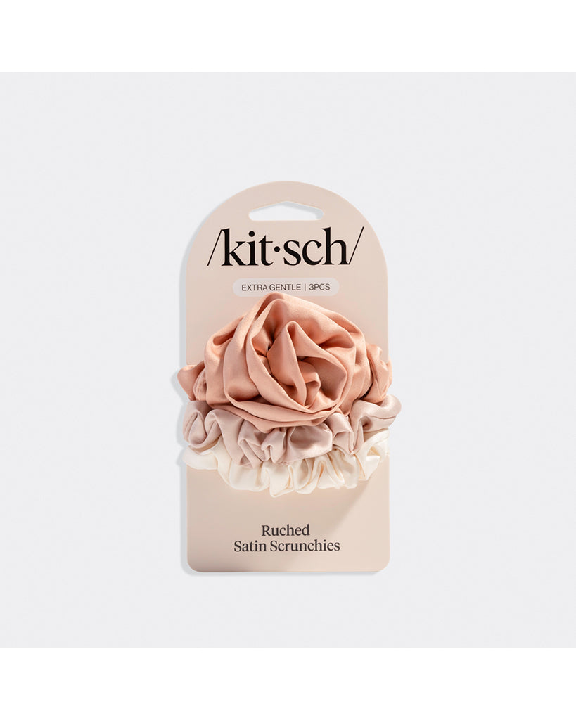 Kitsch Rosette Ruched Satin Scrunchies 3 pc Set - Terracotta