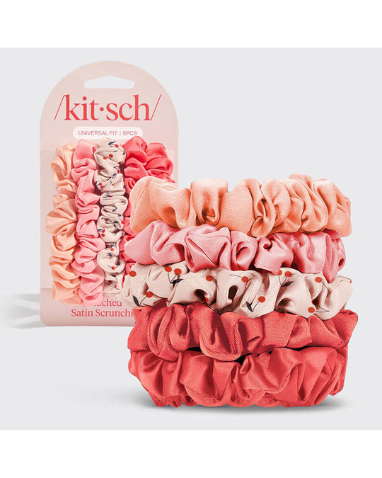 Kitsch Ruched Satin Scrunchies 5pc Set - Assorted Cherry