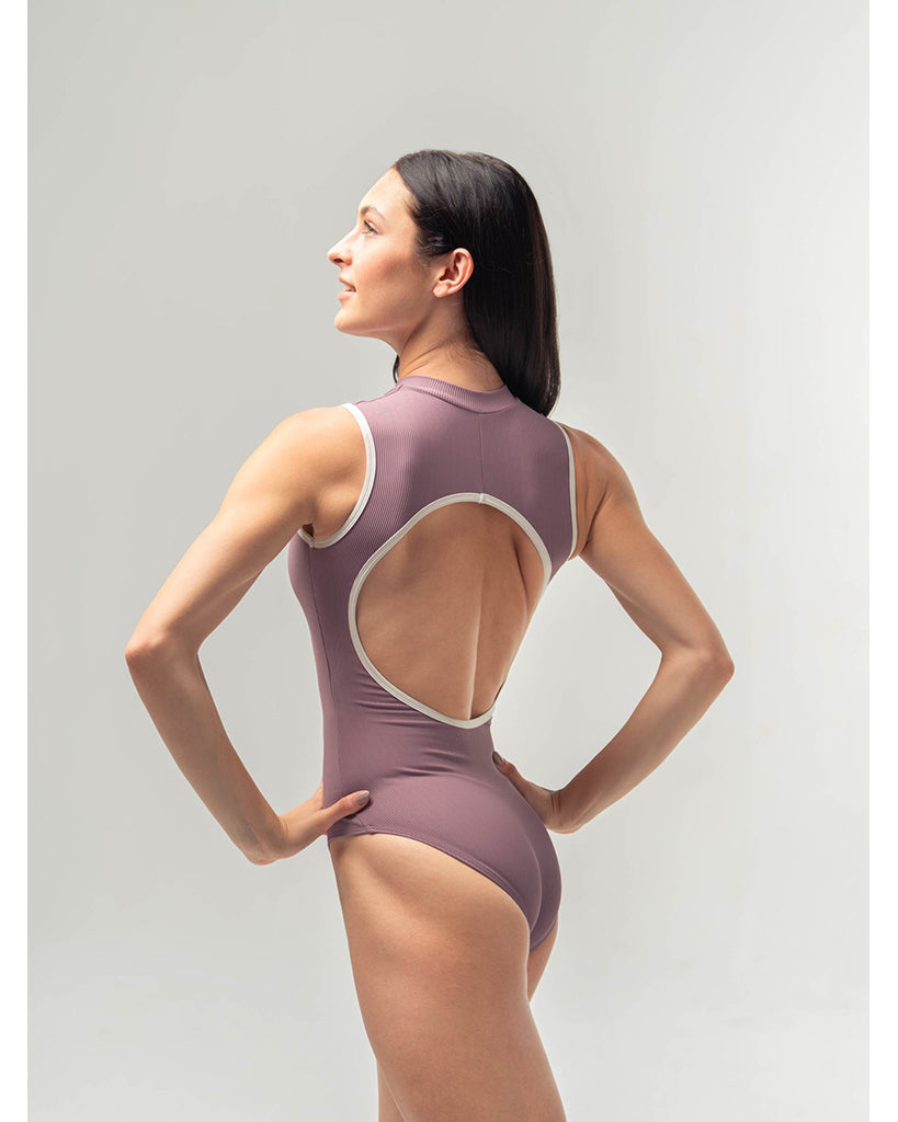 Mara Dancewear Aura Zip Front Mock Neck High Compression Ribbed Sleeveless Leotard - Womens - Mauve