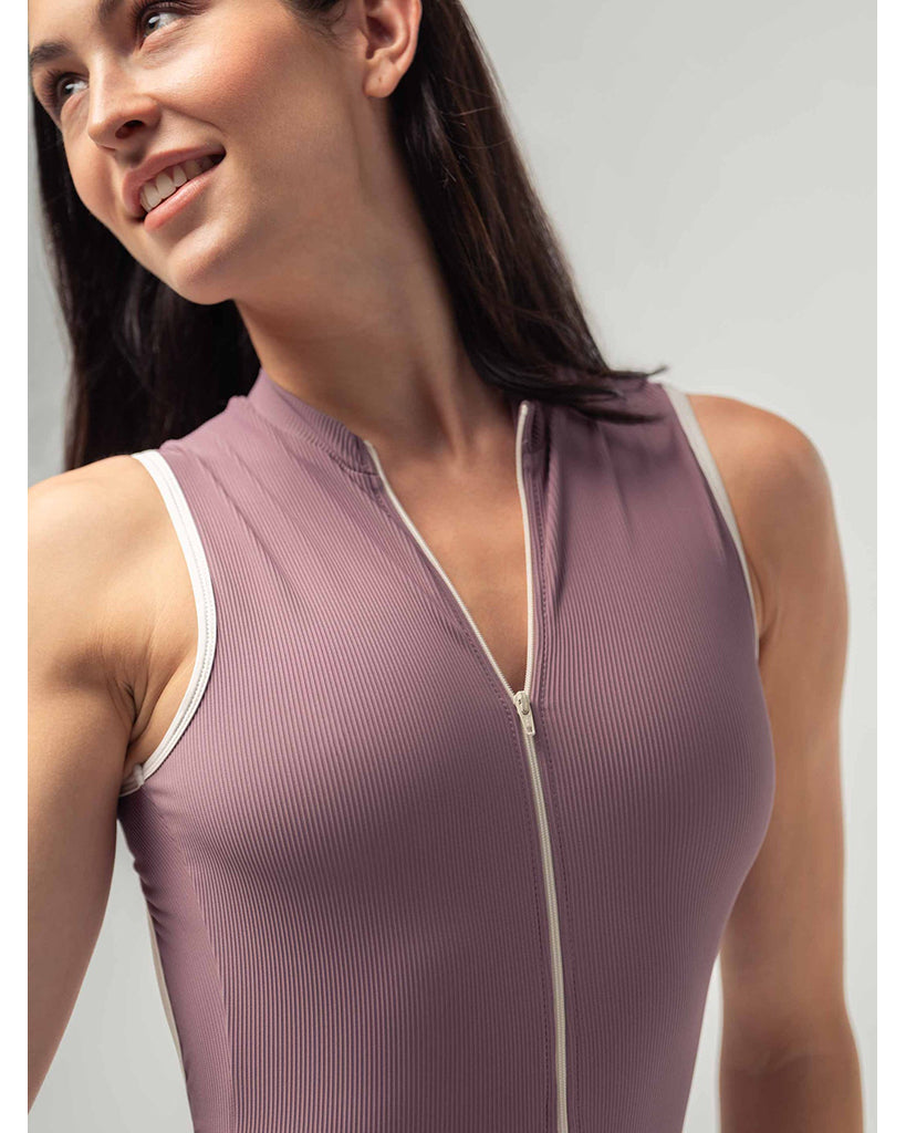 Mara Dancewear Aura Zip Front Mock Neck High Compression Ribbed Sleeveless Leotard - Mauve