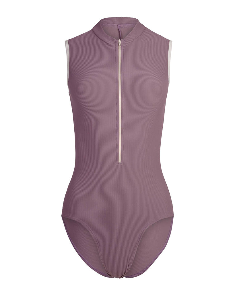 Mara Dancewear Aura Zip Front Mock Neck High Compression Ribbed Sleeveless Leotard - Mauve