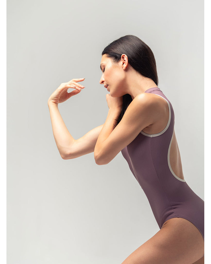 Mara Dancewear Aura Zip Front Mock Neck High Compression Ribbed Sleeveless Leotard - Mauve