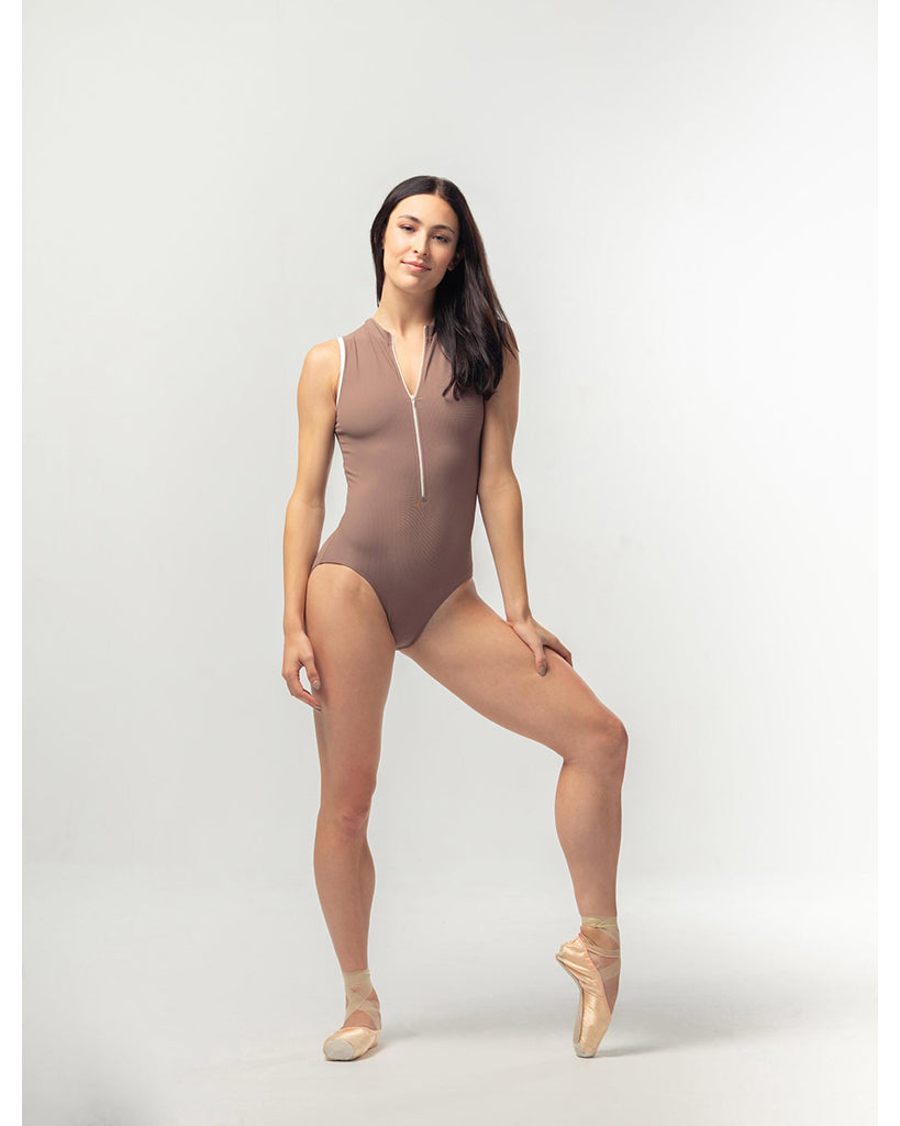 Mara Dancewear Aura Zip Front Mock Neck High Compression Ribbed Sleeveless Leotard - Mocha
