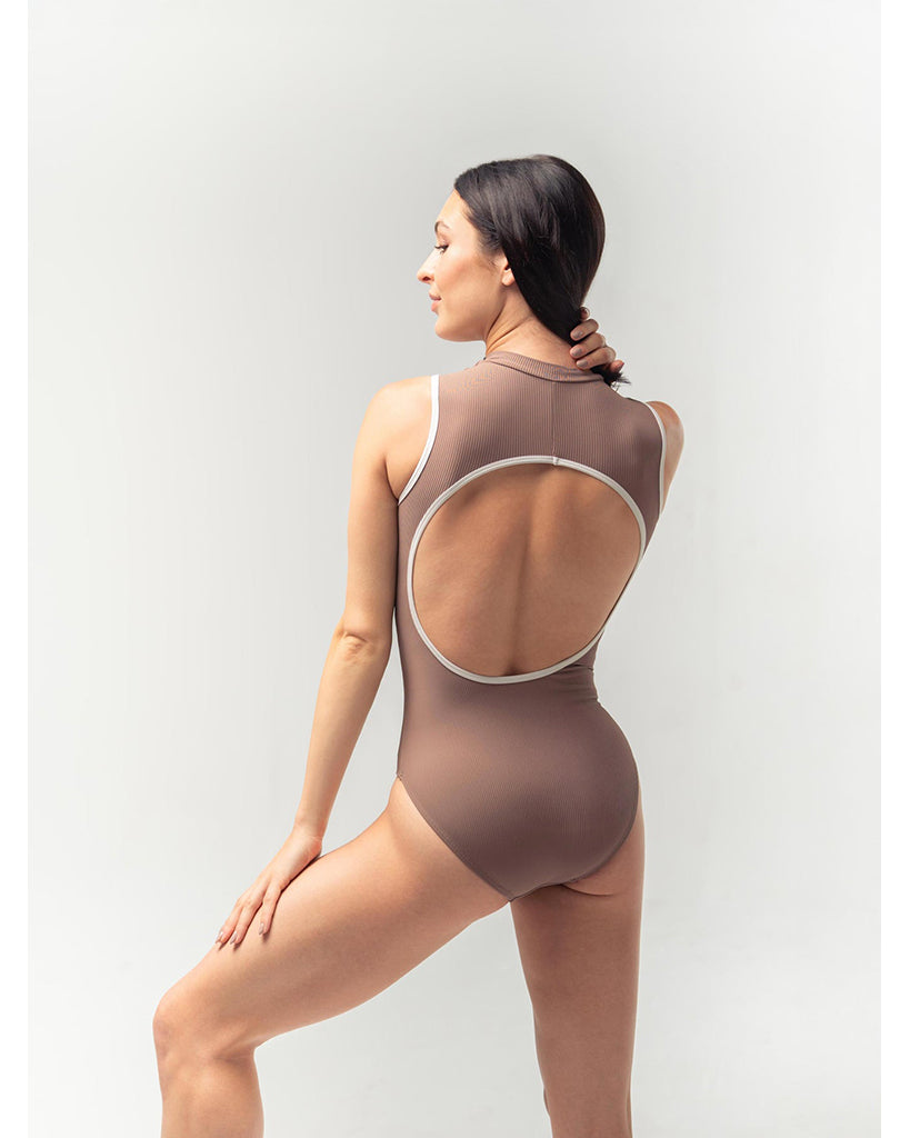 Mara Dancewear Aura Zip Front Mock Neck High Compression Ribbed Sleeveless Leotard - Mocha