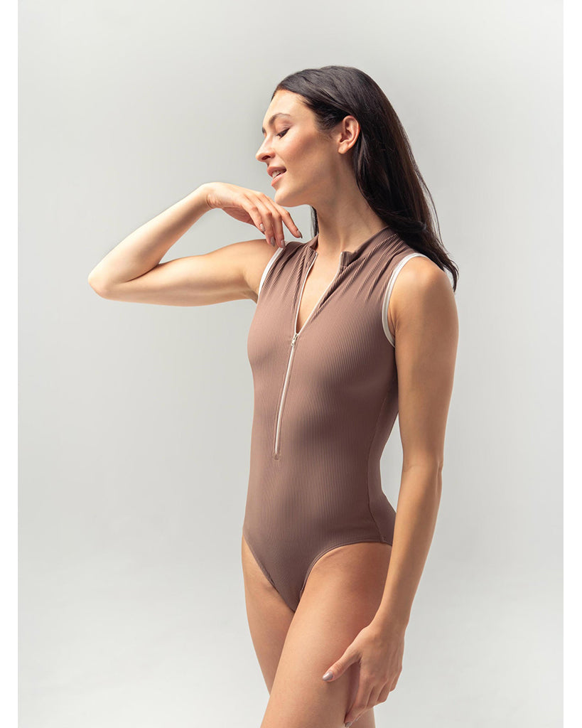 Mara Dancewear Aura Zip Front Mock Neck High Compression Ribbed Sleeveless Leotard - Mocha