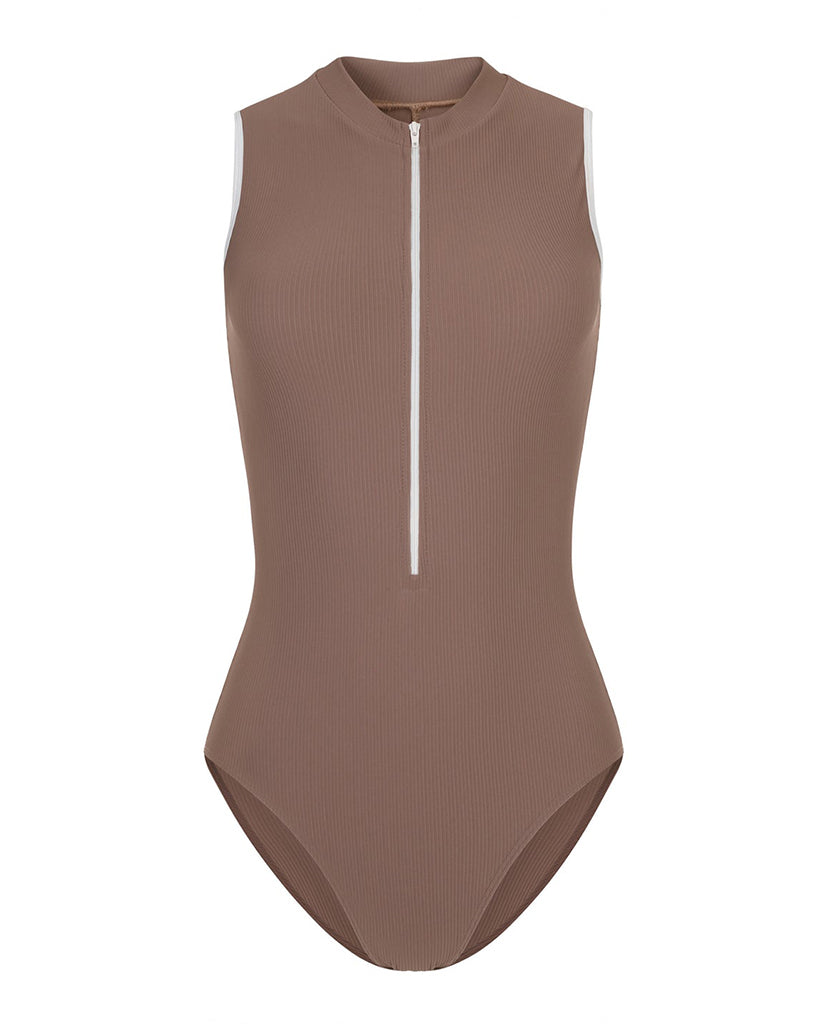 Mara Dancewear Aura Zip Front Mock Neck High Compression Ribbed Sleeveless Leotard - Mocha