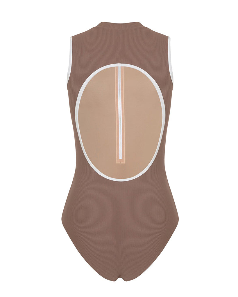 Mara Dancewear Aura Zip Front Mock Neck High Compression Ribbed Sleeveless Leotard - Mocha