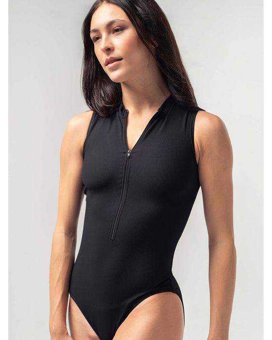 Mara Dancewear Aura Zip Front Mock Neck High Compression Ribbed Sleeveless Leotard - Total Black