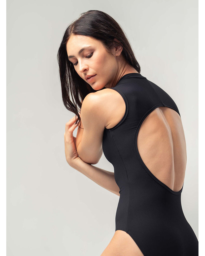 Mara Dancewear Aura Zip Front Mock Neck High Compression Ribbed Sleeveless Leotard - Total Black