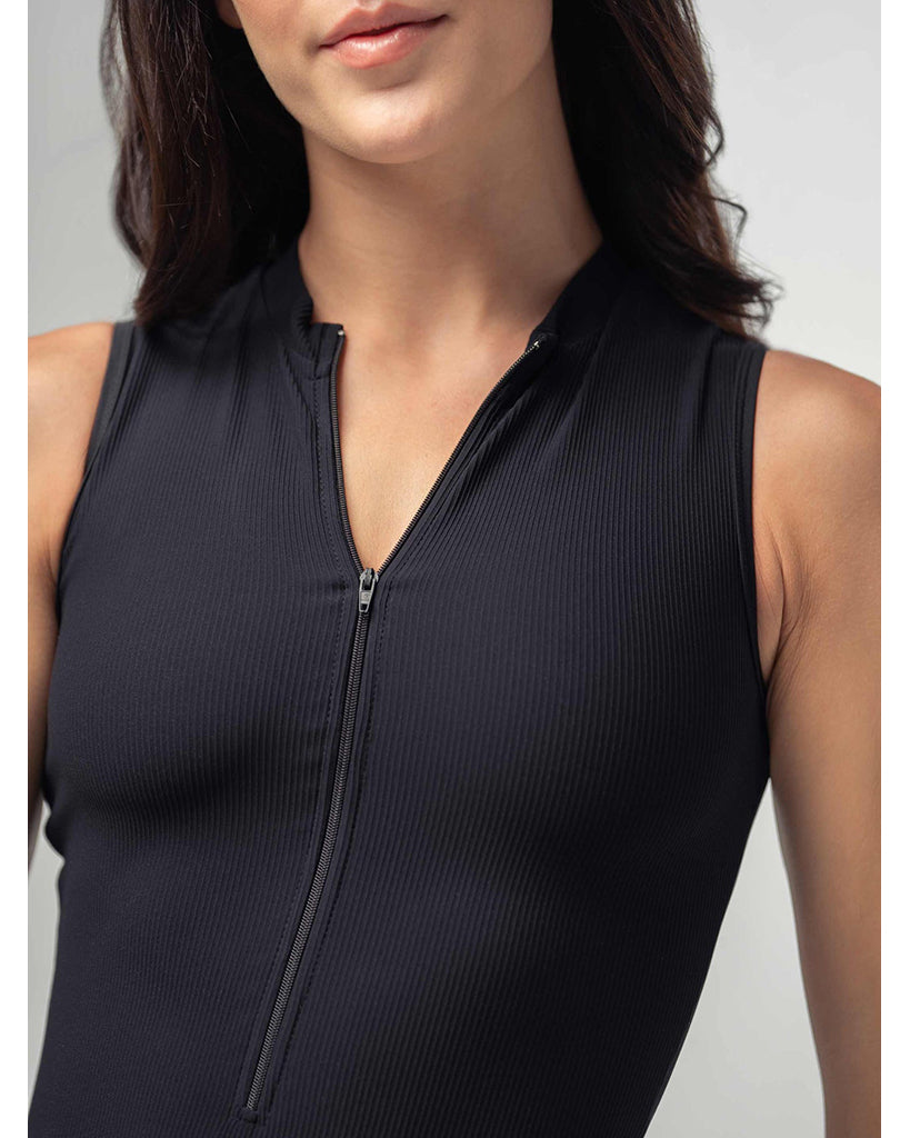 Mara Dancewear Aura Zip Front Mock Neck High Compression Ribbed Sleeveless Leotard - Total Black