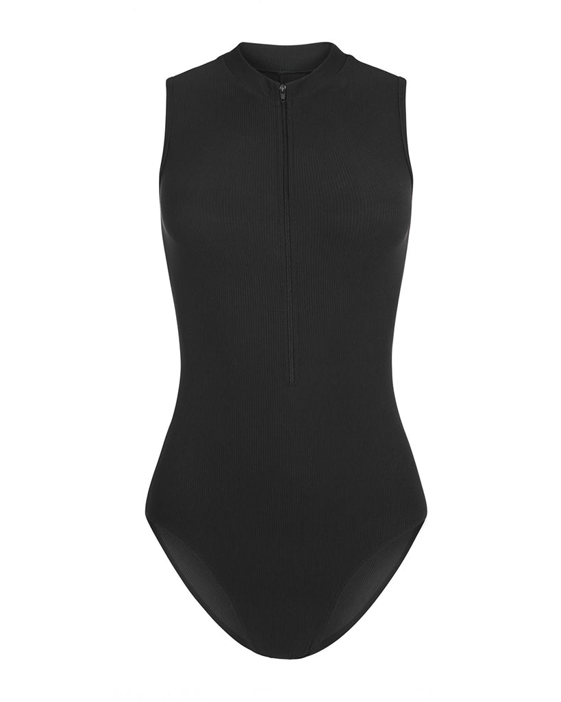 Mara Dancewear Aura Zip Front Mock Neck High Compression Ribbed Sleeveless Leotard - Total Black