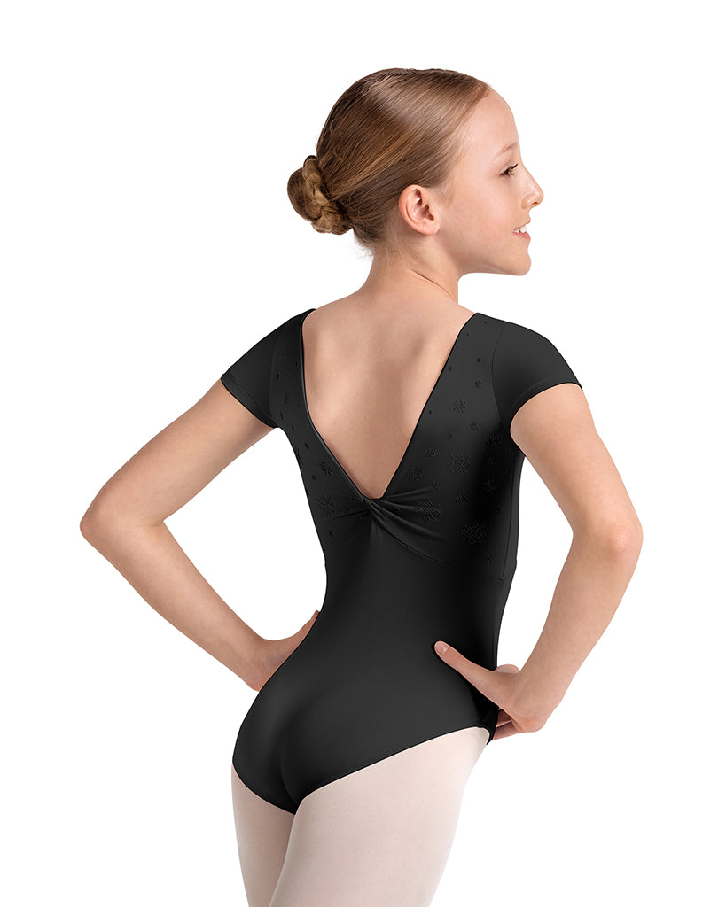 Mirella Boat Neck Kaleidoscope Velvet Detail Twist Back Cap Sleeve Leotard - M20005C Girls