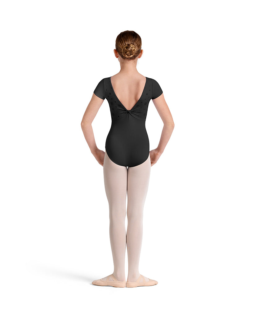 Mirella Boat Neck Kaleidoscope Velvet Detail Twist Back Cap Sleeve Leotard - M20005C Girls
