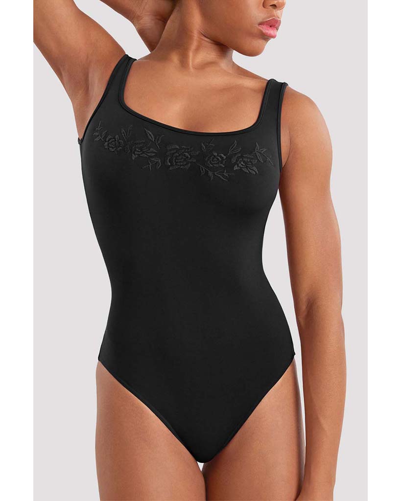 Mirella Square Neck Embroidered Floral Mesh Back Tank Leotard -  M50010LM Womens