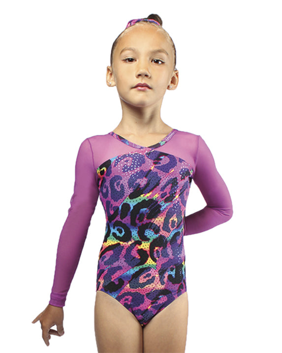 Mondor Combination Print Gymnastic Mesh Long Sleeve Leotard - 27818C - Multi Leopard Print Girls