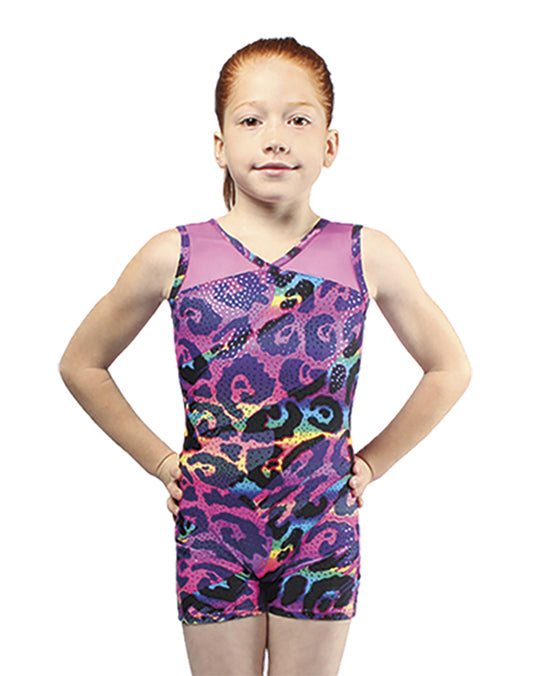 Mondor Combination Print Mesh Gymnastic Tank Biketard - 27816C - Multi Leopard Print Girls