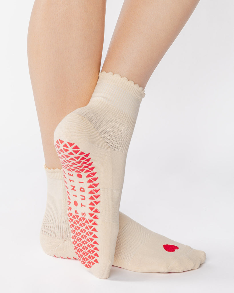 Pointe Studio Love Ankle Grip Sock - No Slip Cotton Blend for Pilates & Barre - Womens - Cream / Red