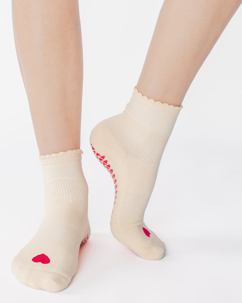 Pointe Studio Love Ankle Grip Sock - No Slip Cotton Blend for Pilates & Barre - Womens - Cream / Red