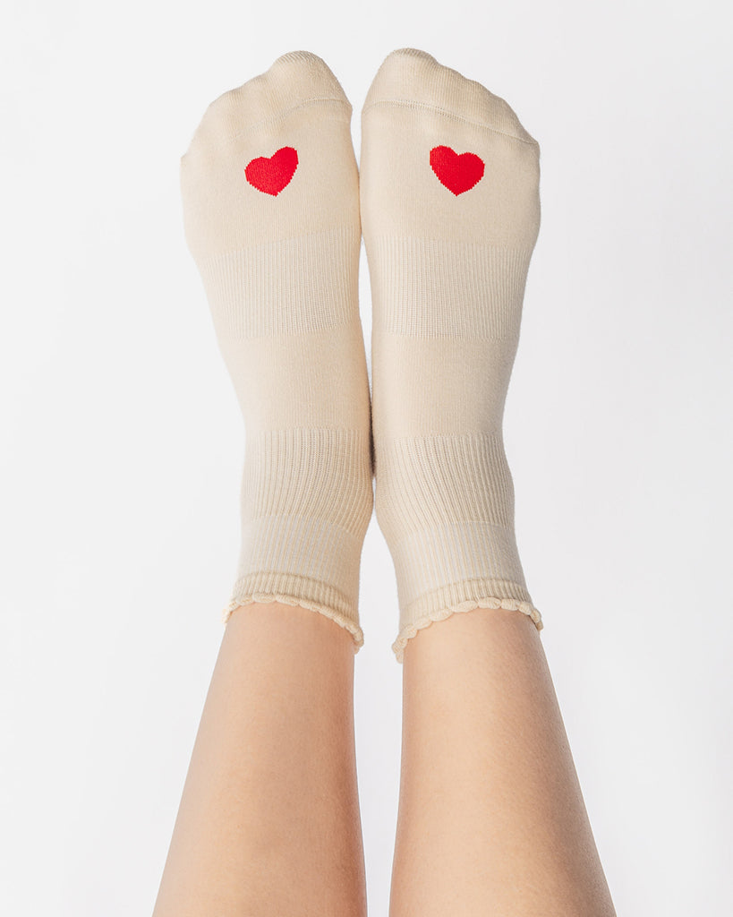 Pointe Studio Love Ankle Grip Sock - No Slip Cotton Blend for Pilates & Barre - Womens - Cream / Red