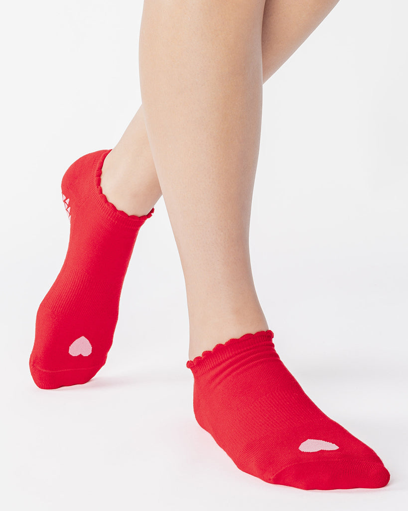 Pointe Studio Love Full Foot Grip Sock - No Slip Cotton Blend for Pilates & Barre - Womens - Red